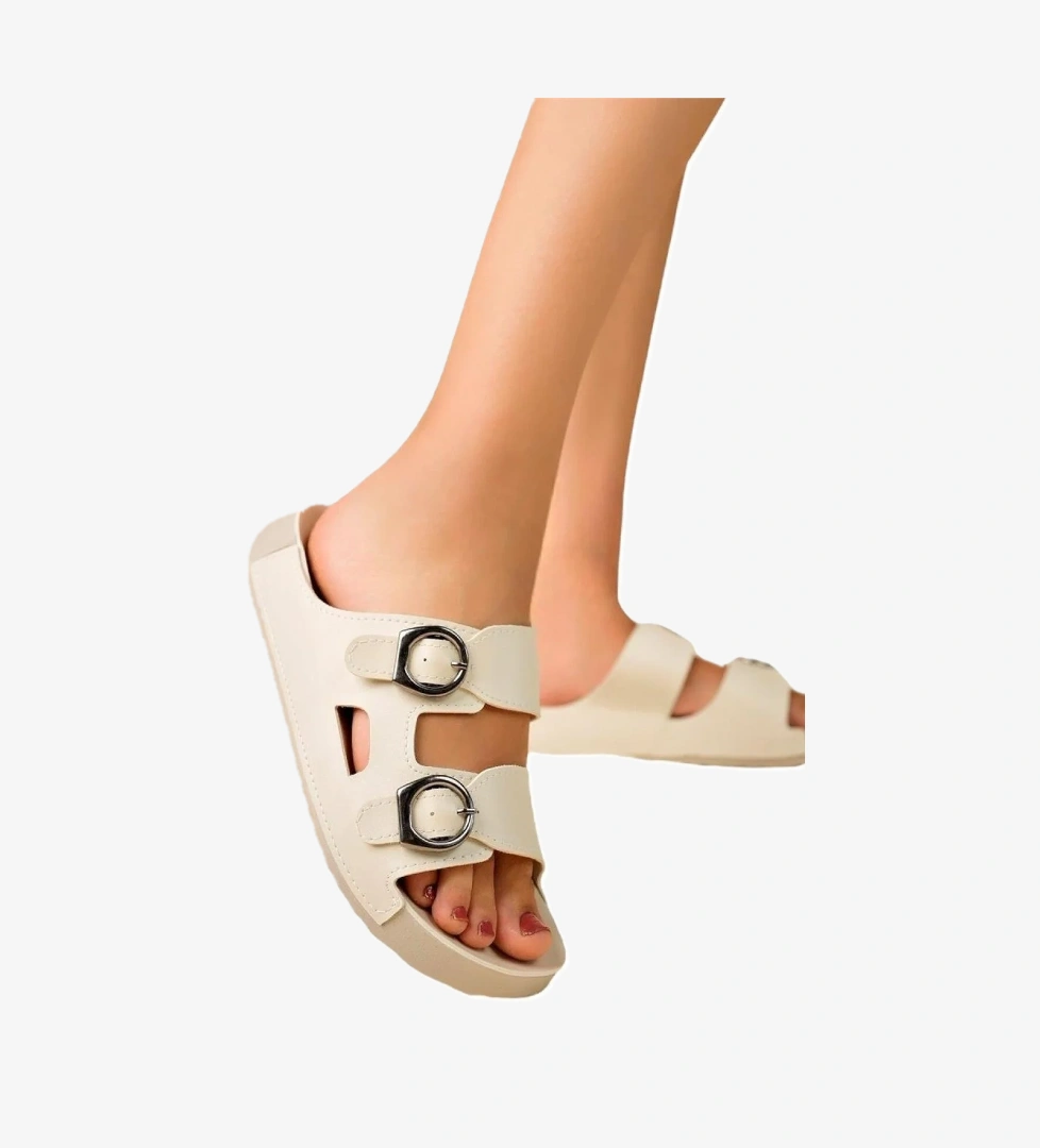 Çift Bantlı Tokalı Anatomik Taban Rahat Kadın Terlik BEJ