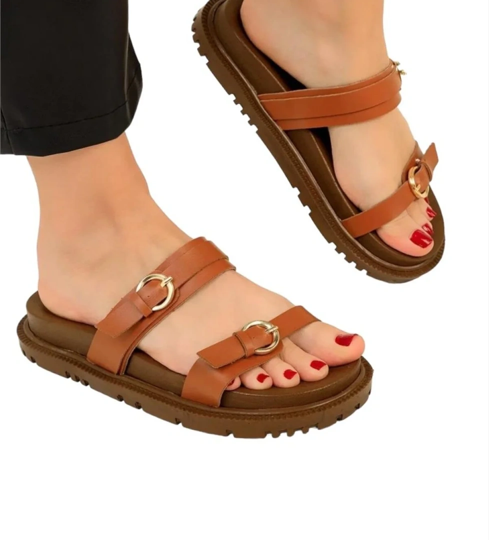 Çift Bantlı Tokalı Kadın Terlik TABA