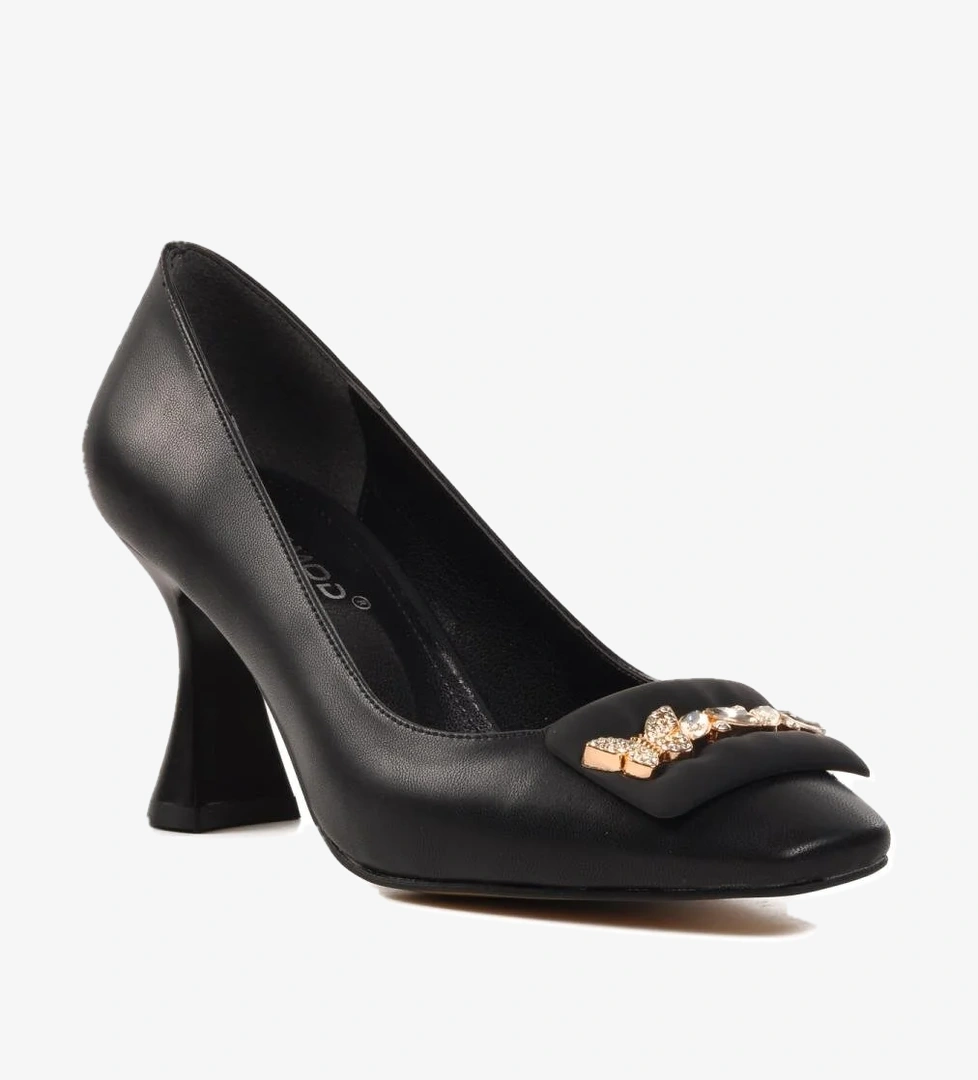 312181 Siyah Cilt Kadın Taşlı Topuklu Ayakkabı