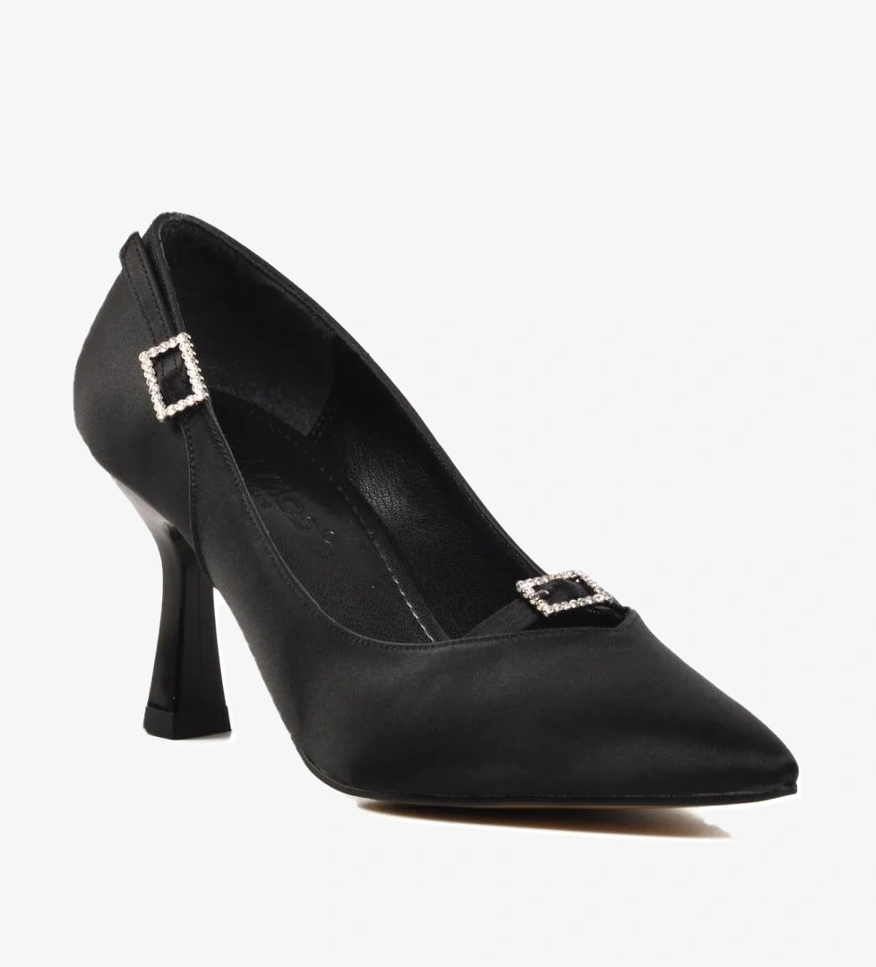 357091 Siyah Saten Kadın Topuklu Ayakkabı