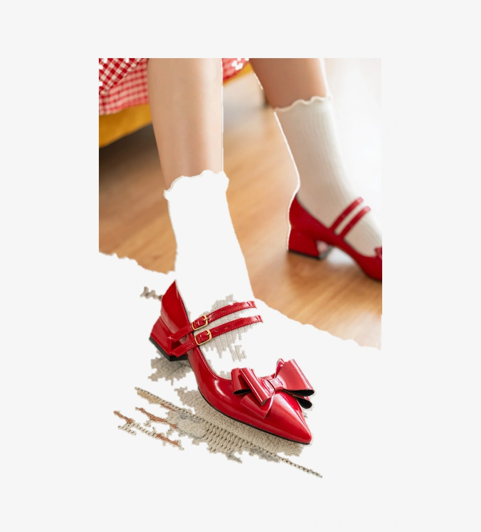 Plump Kırmızı Rugan Fiyonklu (4 cm) Sivri Burun Topuklu Ayakkabı - Görsel 1