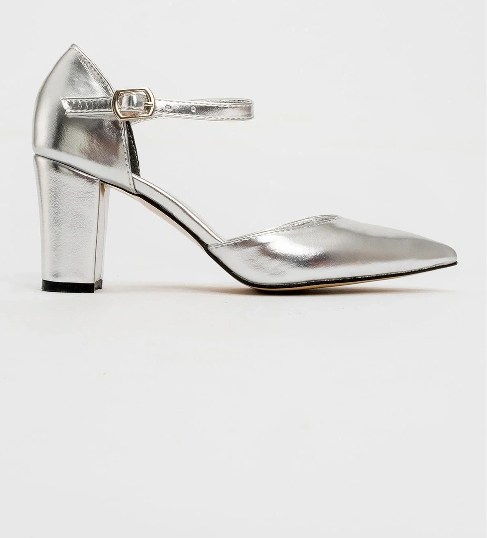 Kadın Tokalı Topuklu Ayakabı GÜMÜŞ METALİK
