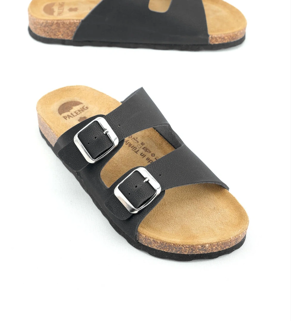 Gezer Yazlık Kadın İç Taban Hakiki Deri Çift Toka Ayarlanabilir Mantar Taban Günlük Terlik - Görsel 1