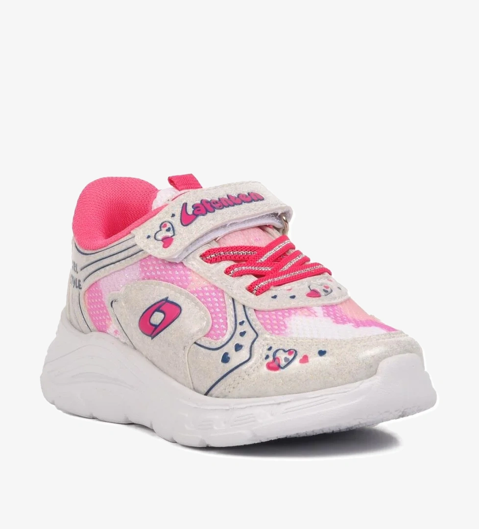 732-P Beyaz-Fuşya Kalp Desenli Kız Çocuk Spor Ayakkabı - Görsel 1