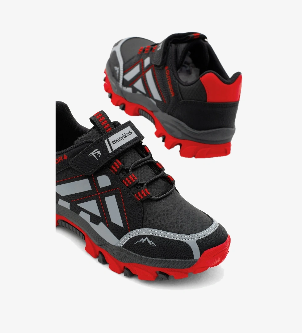 Çocuk Unisex Siyah Kırmızı Termo Taban Su İtici Kumaş Cırtlı Trekking Ayakkabı
