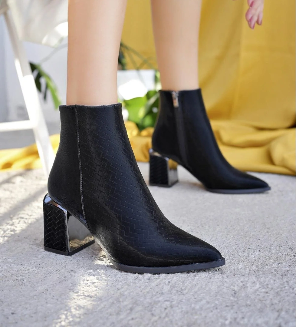 KYLİE Garantili Sivri Burun Kalın Topuklu Fermuarlı Kadın Bot