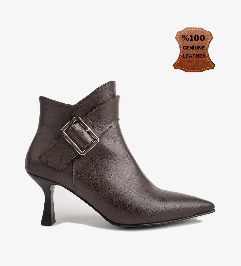 MONİCA Garantili Hakiki Deri Kemer ve Toka Detaylı Fermuarlı İnce Topuklu Kadın Bot