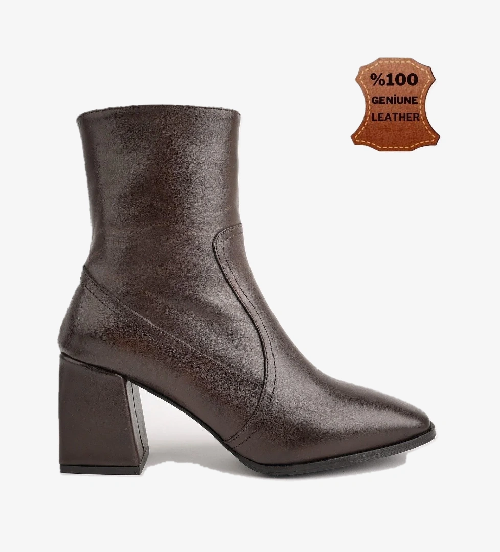 ADELA Garantili Hakiki Deri Kare Burun Fermuarlı Topuklu Kadın Bot