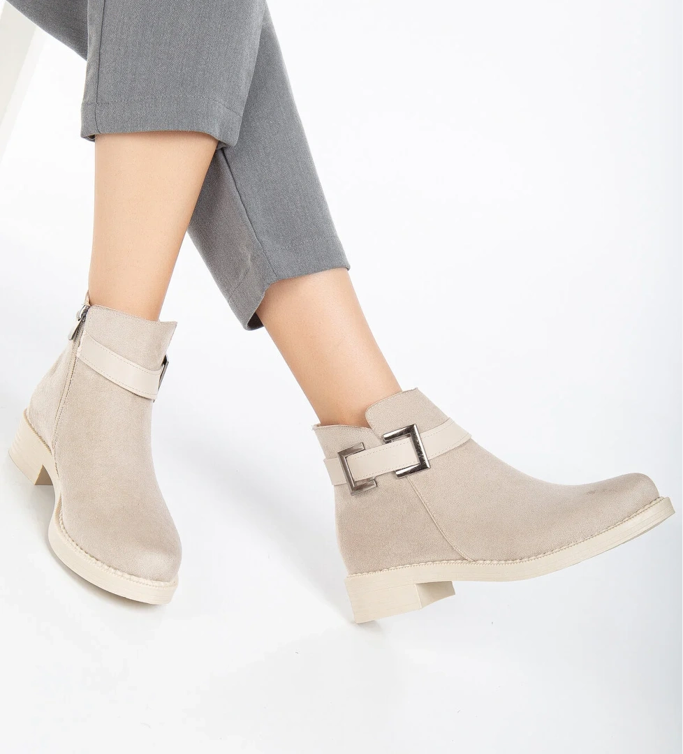 Kadın Ten Süet Termo Taban Tokalı Fermuarlı Kısa Topuklu Bot