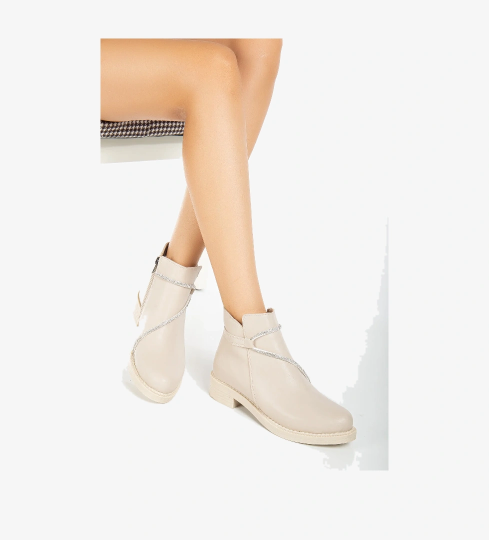 Kadın Ten Cilt Termo Taban Taş Halatlı Fermuarlı Kısa Topuklu Bot