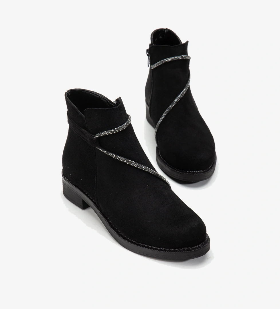Tonny Black Kadın Siyah Süet Termo Taban Taş Halatlı Fermuarlı Kısa Topuklu Bot - Görsel 1