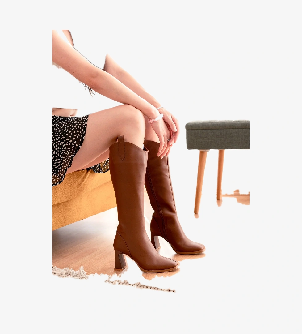 Gita Taba Deri Topuklu ( 8 cm Topuklu ) Yanı Fermuarlı Günlük Kullanım Çizme