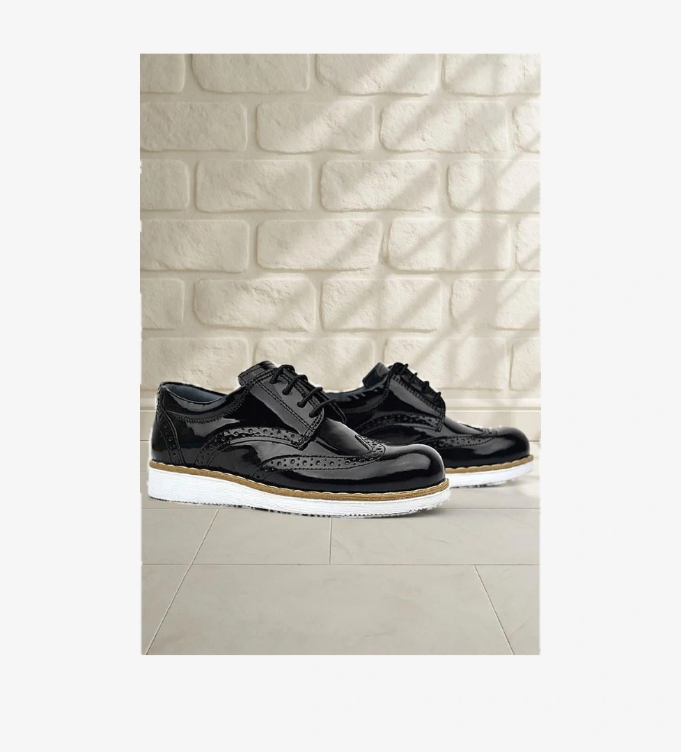 Rakerplus Hidra Hakiki Deri Siyah Rugan Bağcıklı Erkek Çocuk Klasik Ayakkabı model görseli