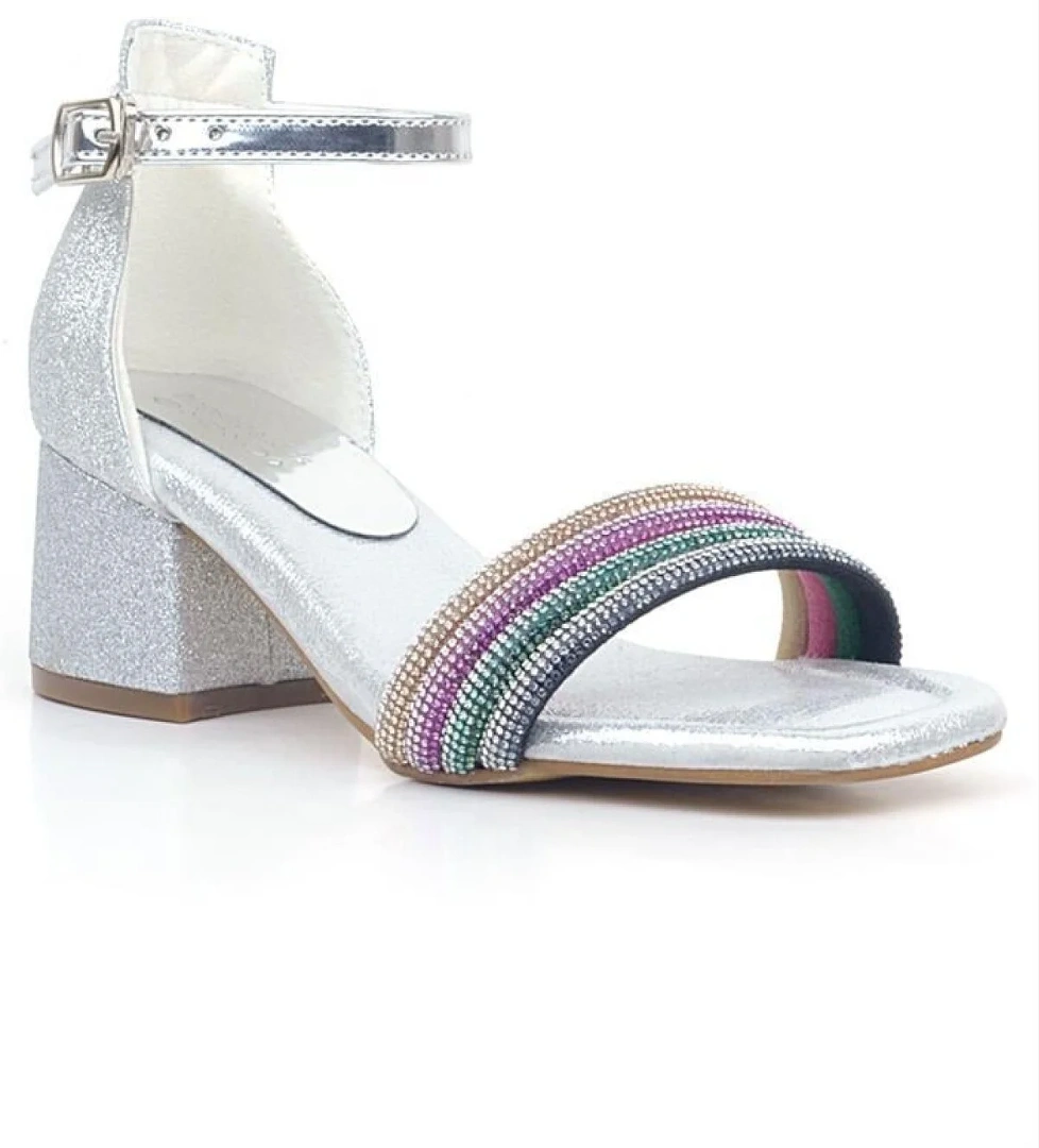 Hapshoe Kids Tiara Renkli Taşlı Gümüş Kız Çocuk Abiye Topuklu Ayakkabı model görseli