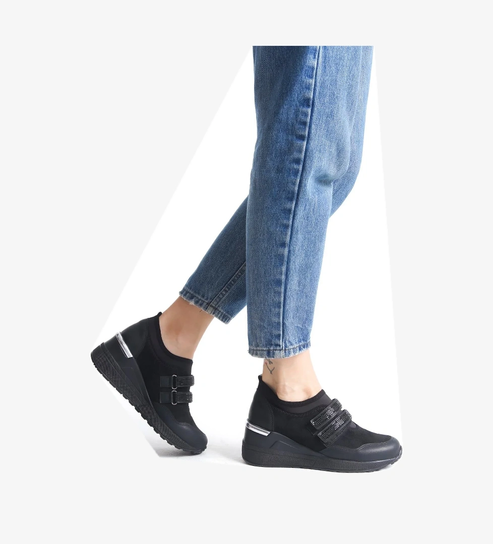 Modabuymuş Stonestar Cırt Cırtlı Siyah Taşlı Sneaker Dolgu Topuklu Spor Ayakkabı model görseli