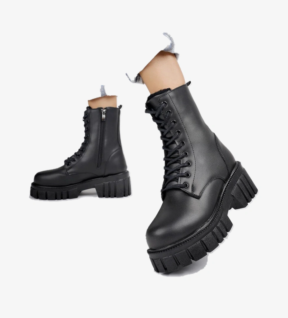 Muggo Muggo Siyah JUST Garantili Kalın Taban Fermuarlı Bağcıklı Kadın Postal Bot | Flo Siyah - 1. görsel