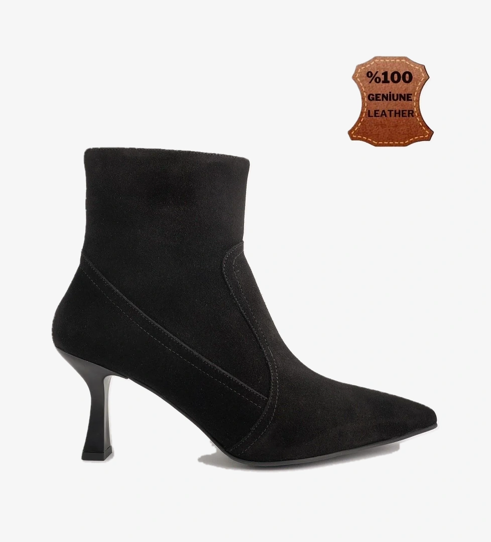 NATALİE Garantili Hakiki Deri Sivri Burun Fermuarlı İnce Topuklu Kadın Bot