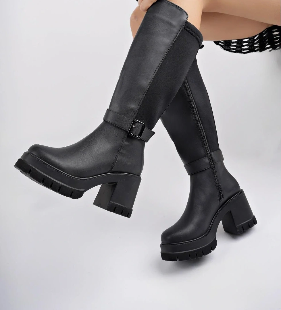 ARONGO Garantili Kemer Detaylı Fermuarlı Platform Topuklu Kadın Bot