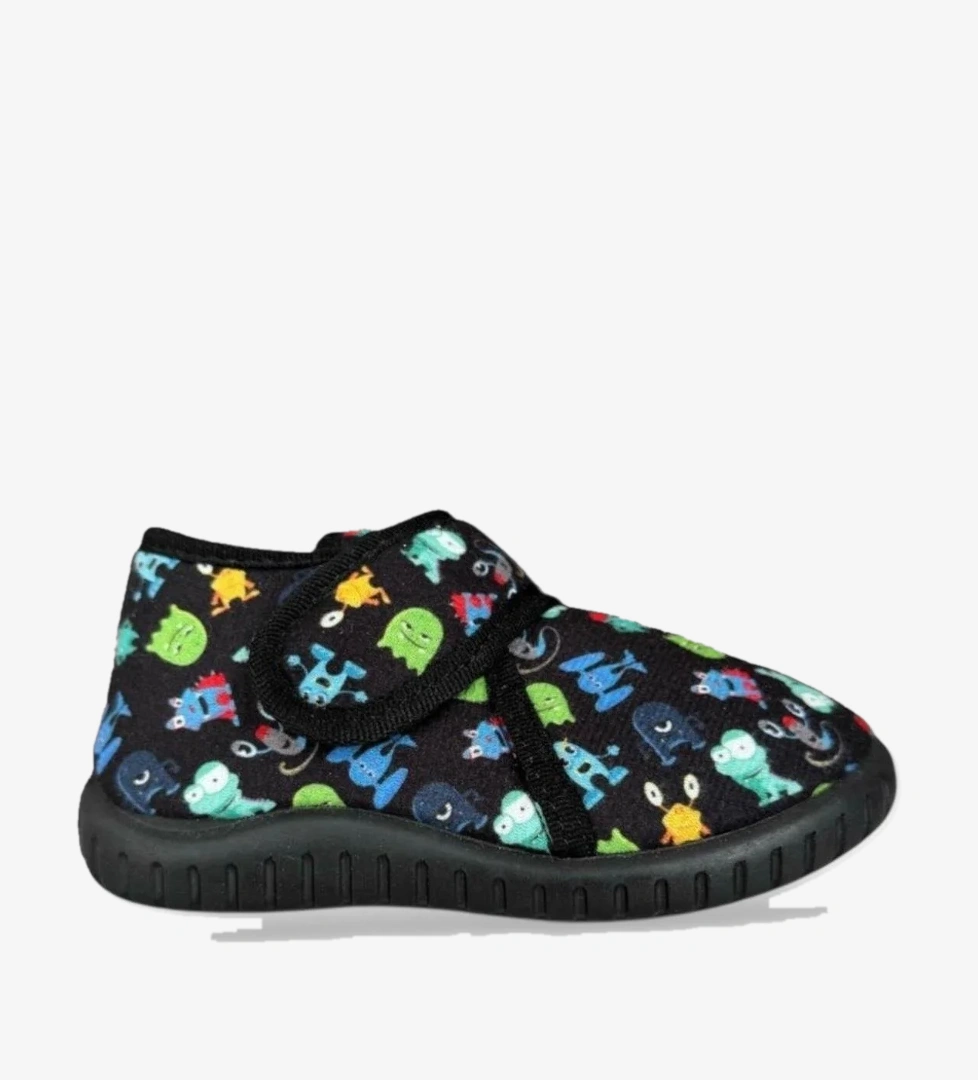 Tematik Cırtlı Çocuk Panduf Okul Kreş Ev Ayakkabısı Kaydırmaz Taban SİYAH - YEŞİL