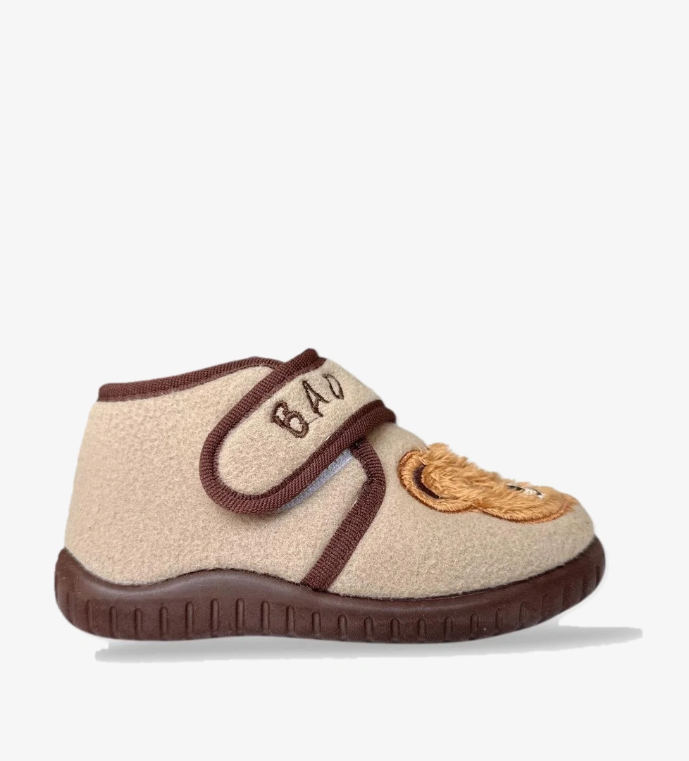 Tematik Cırtlı Çocuk Panduf Okul Kreş Ev Ayakkabısı Kaydırmaz Taban BEJ - SİYAH - Görsel 1