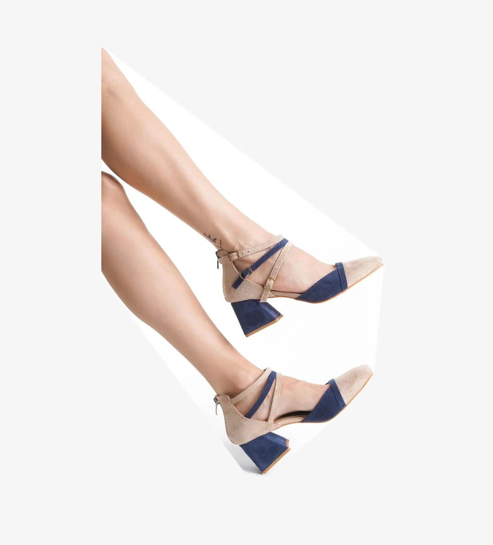 Modabuymuş Kissbell Lacivert ve Ten Süet Kalın Topuklu Klasik Ayakkabı model görseli