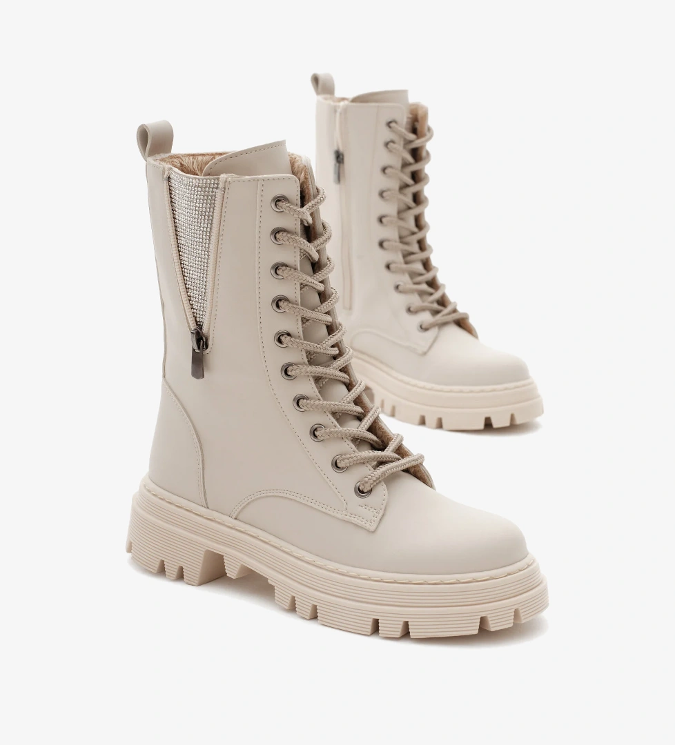 Kadın Bej Cilt Termo Taban Bağcıklı ve Fermuarlı Bot - Görsel 1