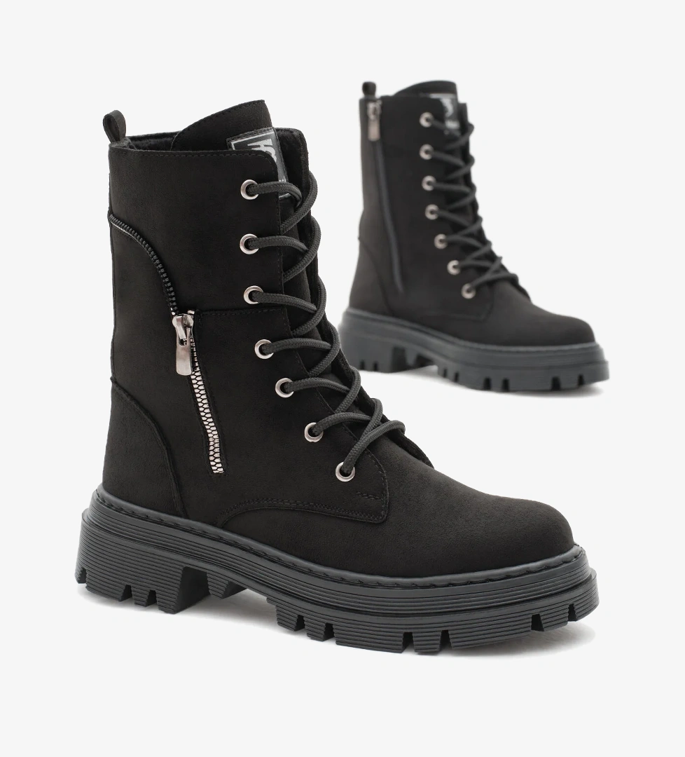 Kadın Siyah Süet Termo Taban Yanı Fermuar Desenli Bağcıklı ve Fermuarlı Bot