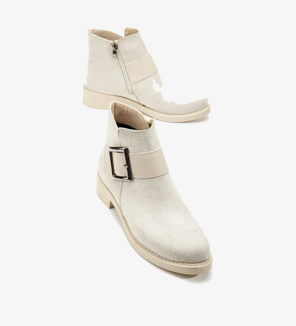 Kadın Ten Süet Termo Taban Tokalı Fermuarlı Kısa Topuklu Bot - Görsel 1