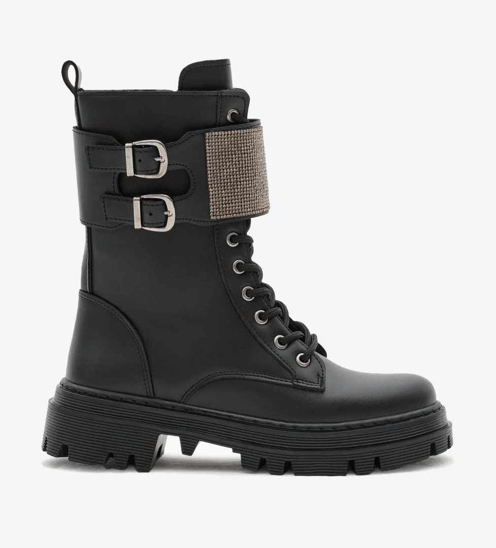 Kadın Siyah Cilt Termo Taban Yanı Çift Tokalı Taşlı Cırtlı Bağcıklı ve Fermuarlı Bot