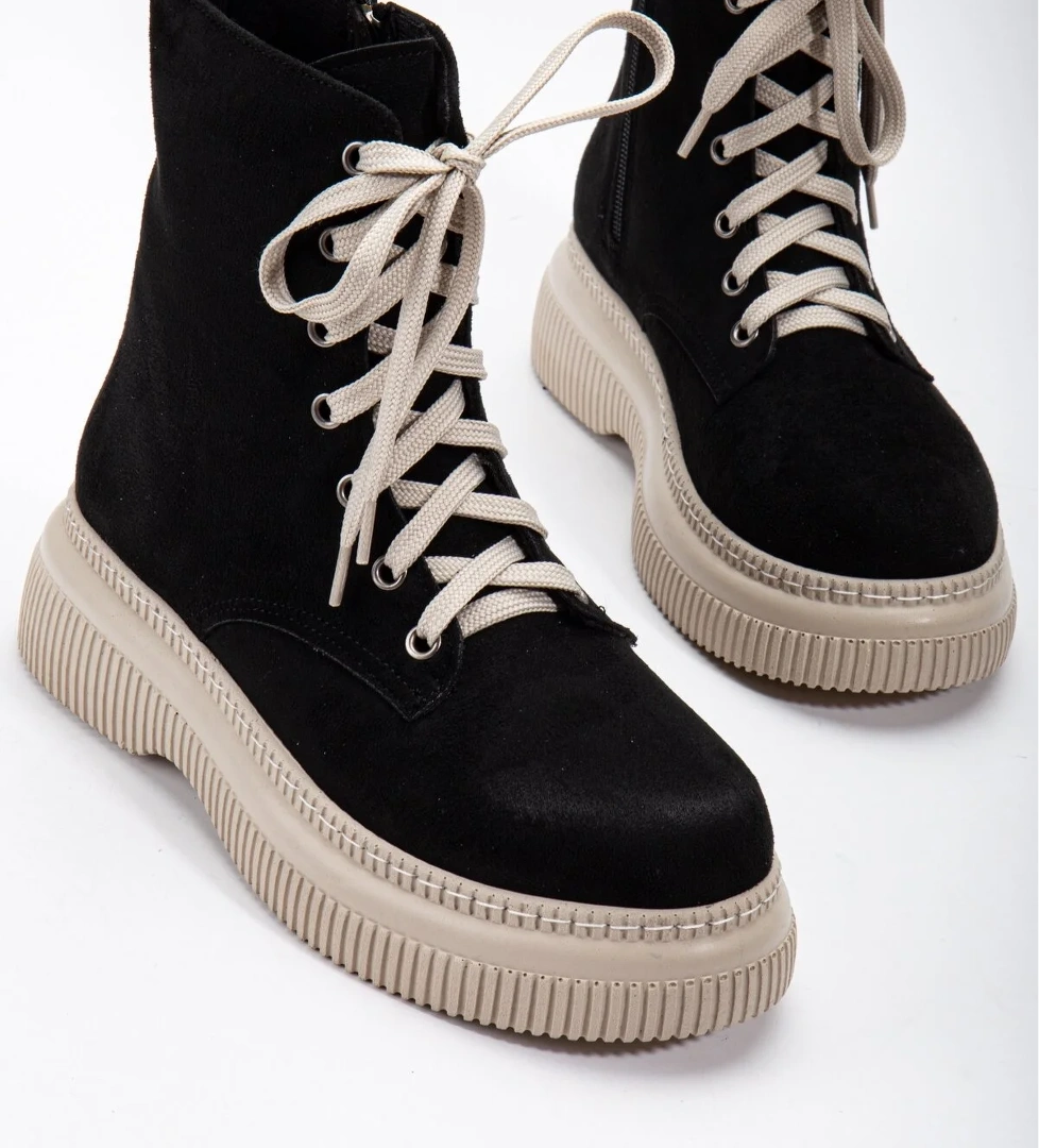 Kadın Siyah Süet Kalın Termo Taban Bağcklı ve Fermuarlı Bot - Görsel 1