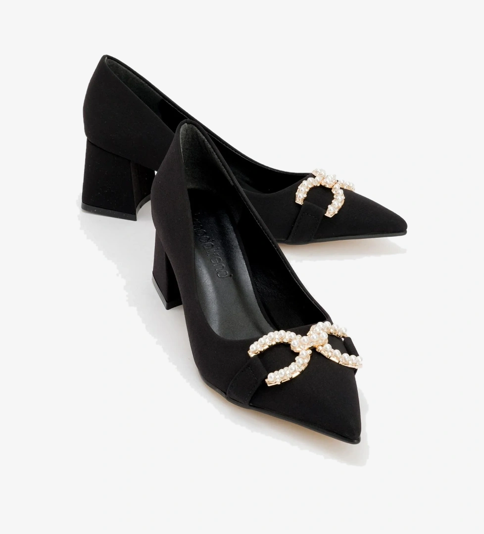 Ccway İnci Tokalı Çapraz Kemer Kadın Günlük Topuklu Ayakkabı Si̇yah Sedef Ci̇lt Zra model görseli