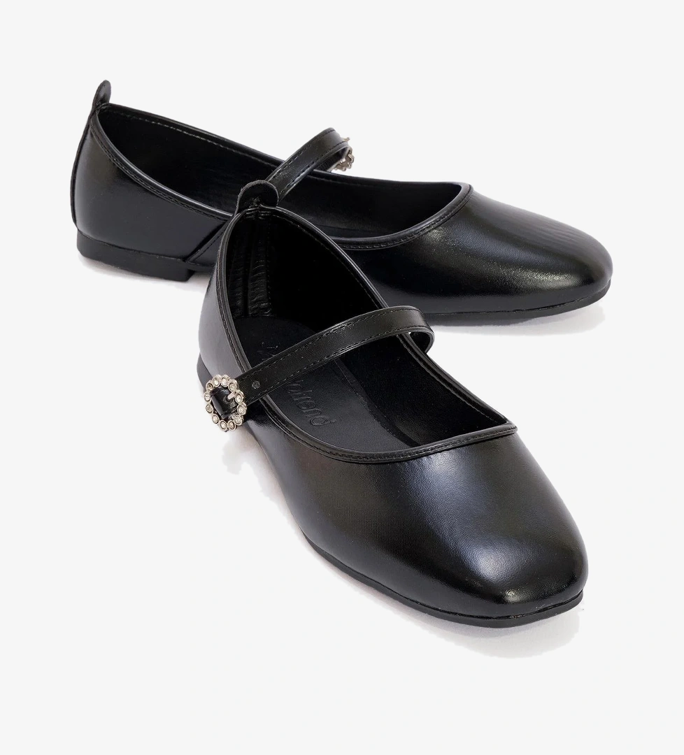 Kadın Kemerli Taşlı Küt Burunlu Babet SİYAH KIRIŞIK