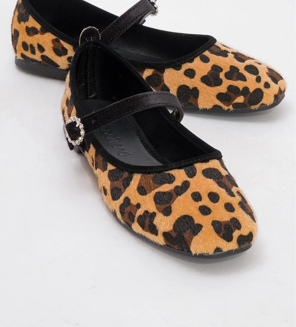 Kadın Kemerli Taşlı Küt Burunlu Babet LEOPAR