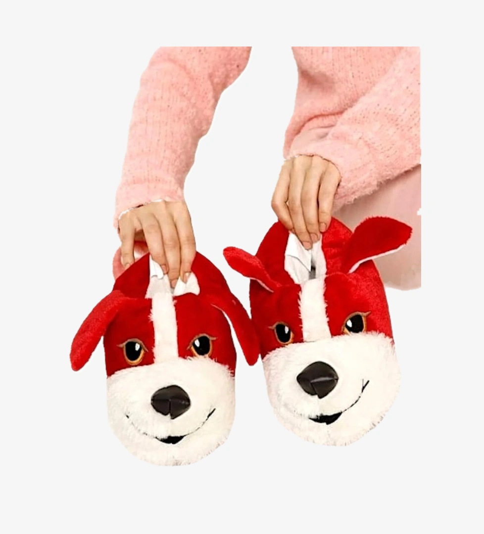 Unisex Sevimli Köpek Figürlü Kaymaz ve Ses Yapmaz Taban Ev Panduf KIRMIZI