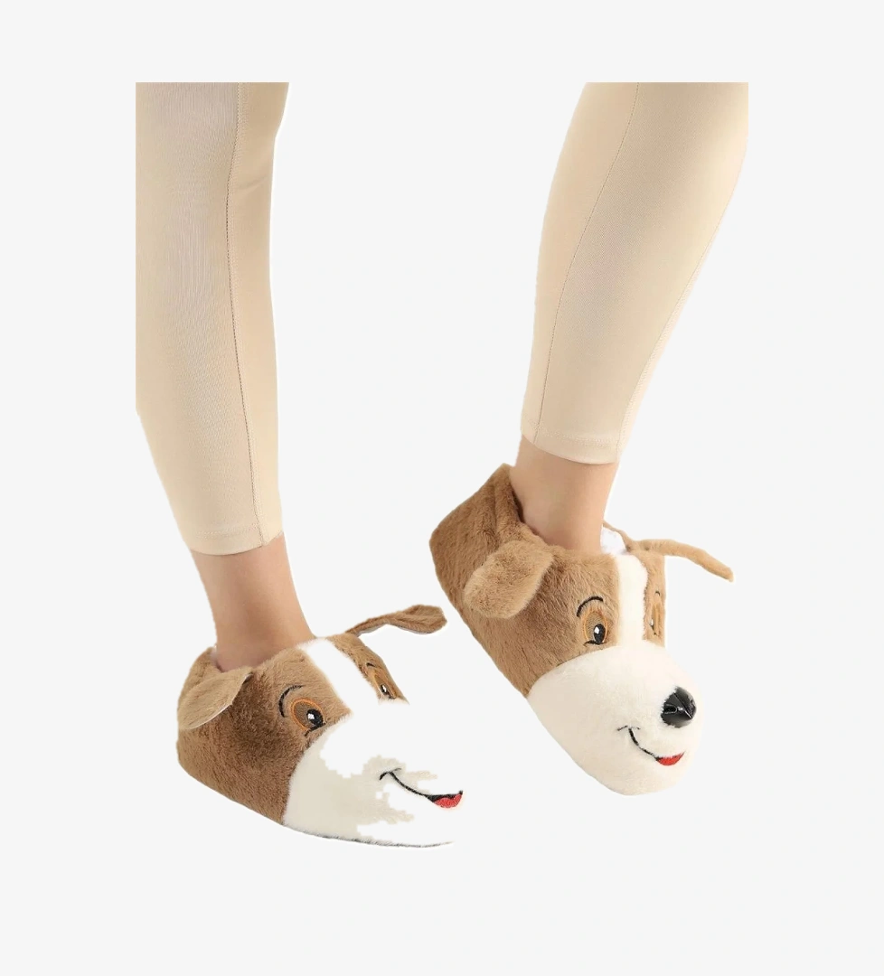 Unisex Sevimli Köpek Figürlü Kaymaz ve Ses Yapmaz Taban Ev Panduf VİZON