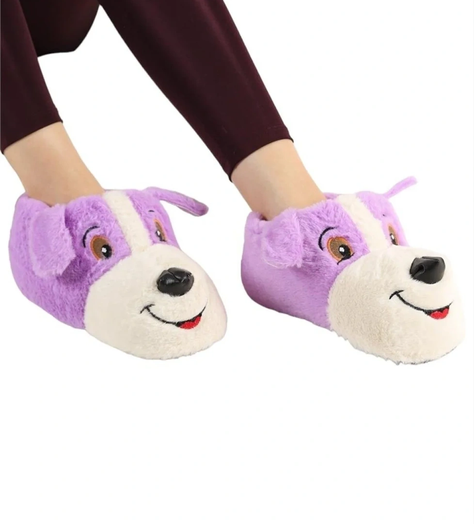 Unisex Sevimli Köpek Figürlü Kaymaz ve Ses Yapmaz Taban Ev Panduf Lila