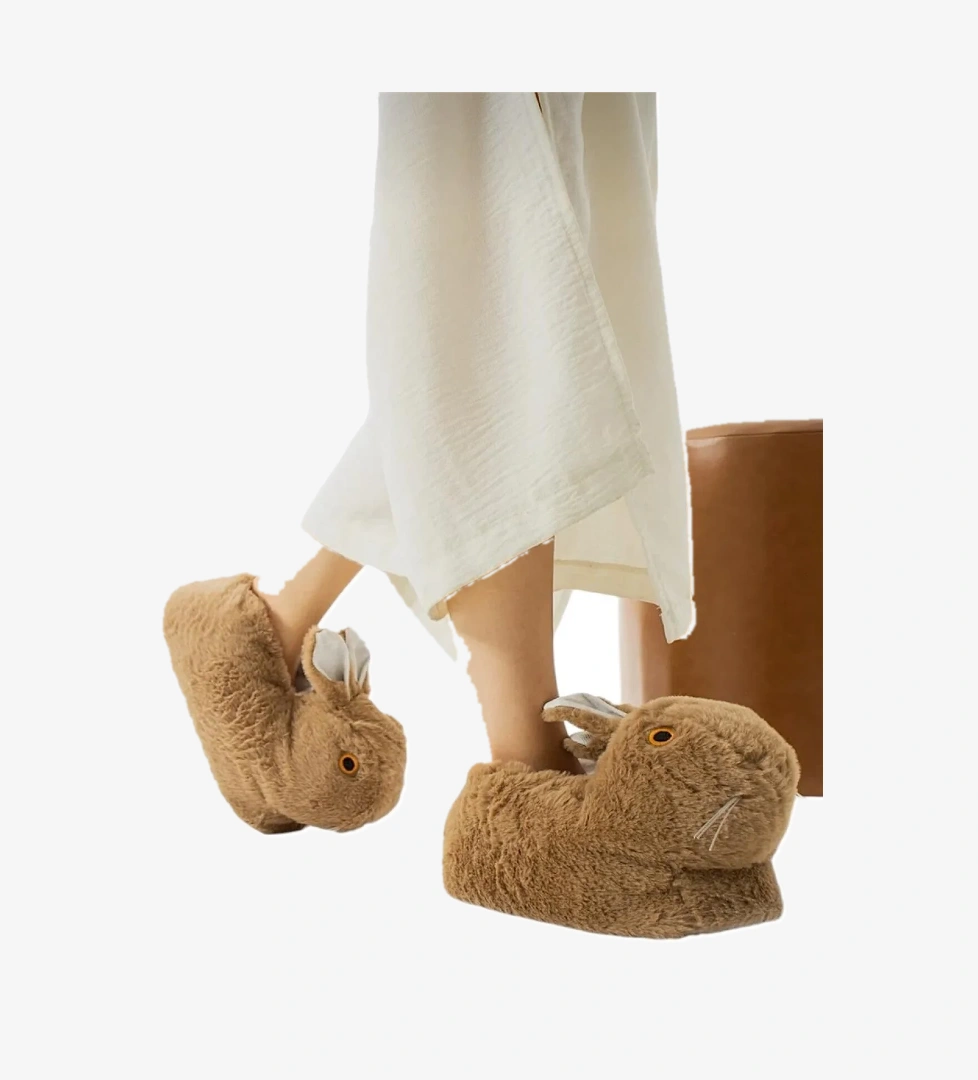 Peluş Tavşan Figürlü Kaymaz ve Ses Yapmaz Ev Panduf KAHVERENGİ