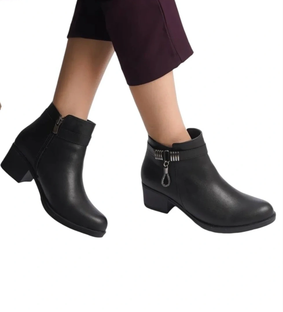 Topuklu Fermuarlı Tokalı Rahat Kadın Bot (5,5 Cm) SİYAH - Görsel 1