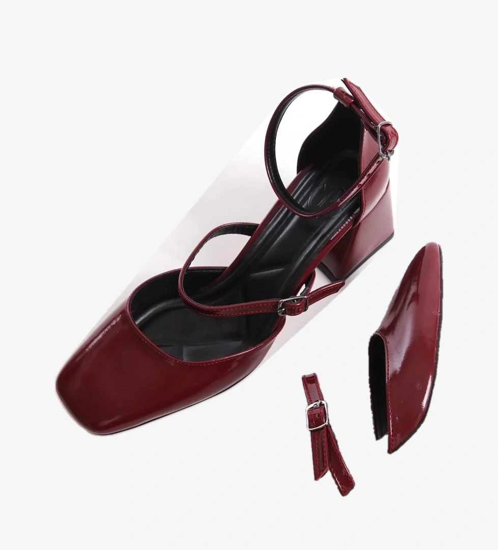 Sigva Mary Jane Yazlık Bordo Rugan Kalın Topuklu Bantlı Ayakkabı