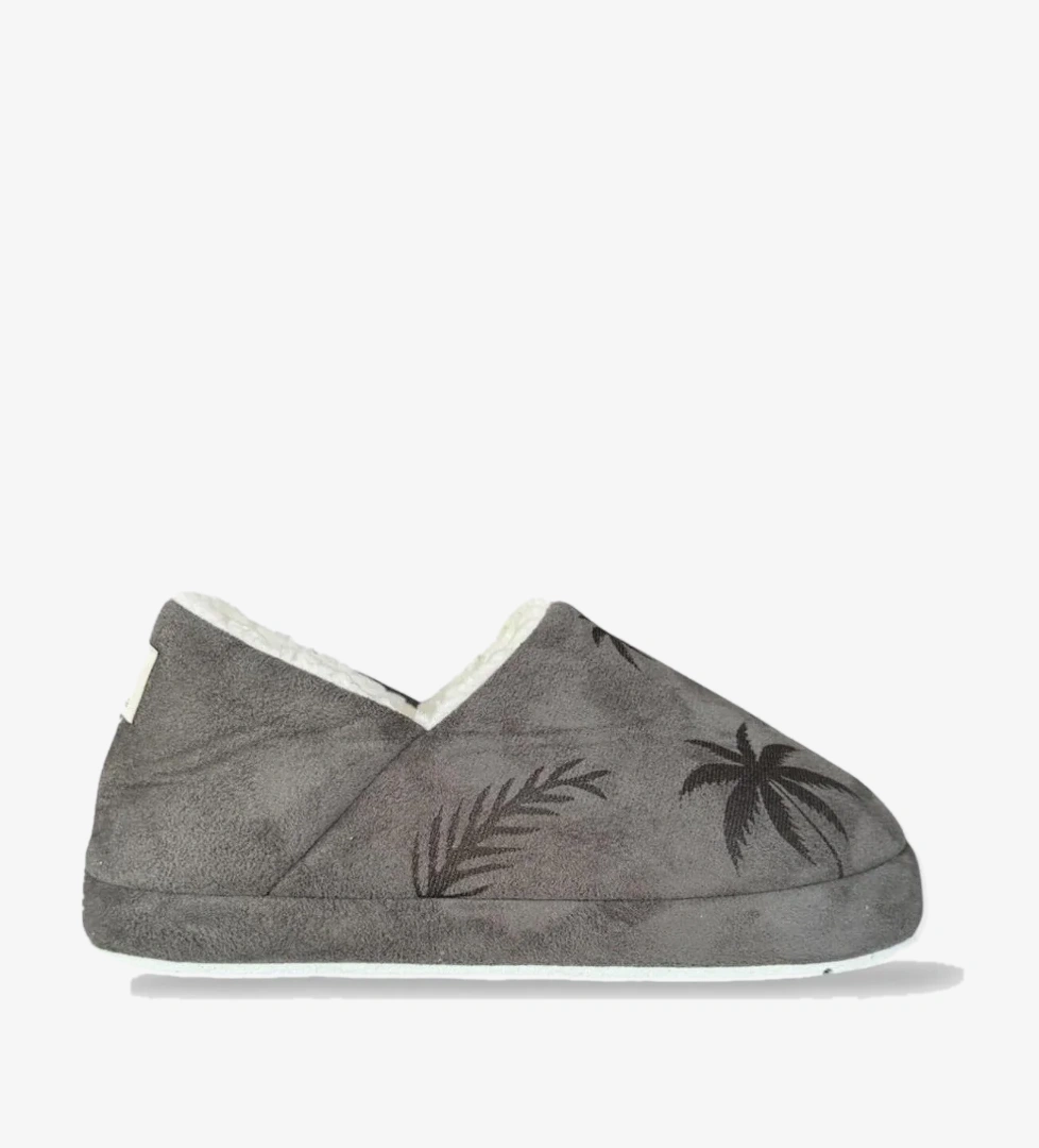 Ultra Hafif Palmiye Desenli Yünlü Ev Ayakkabısı Kadın Panduf FÜME