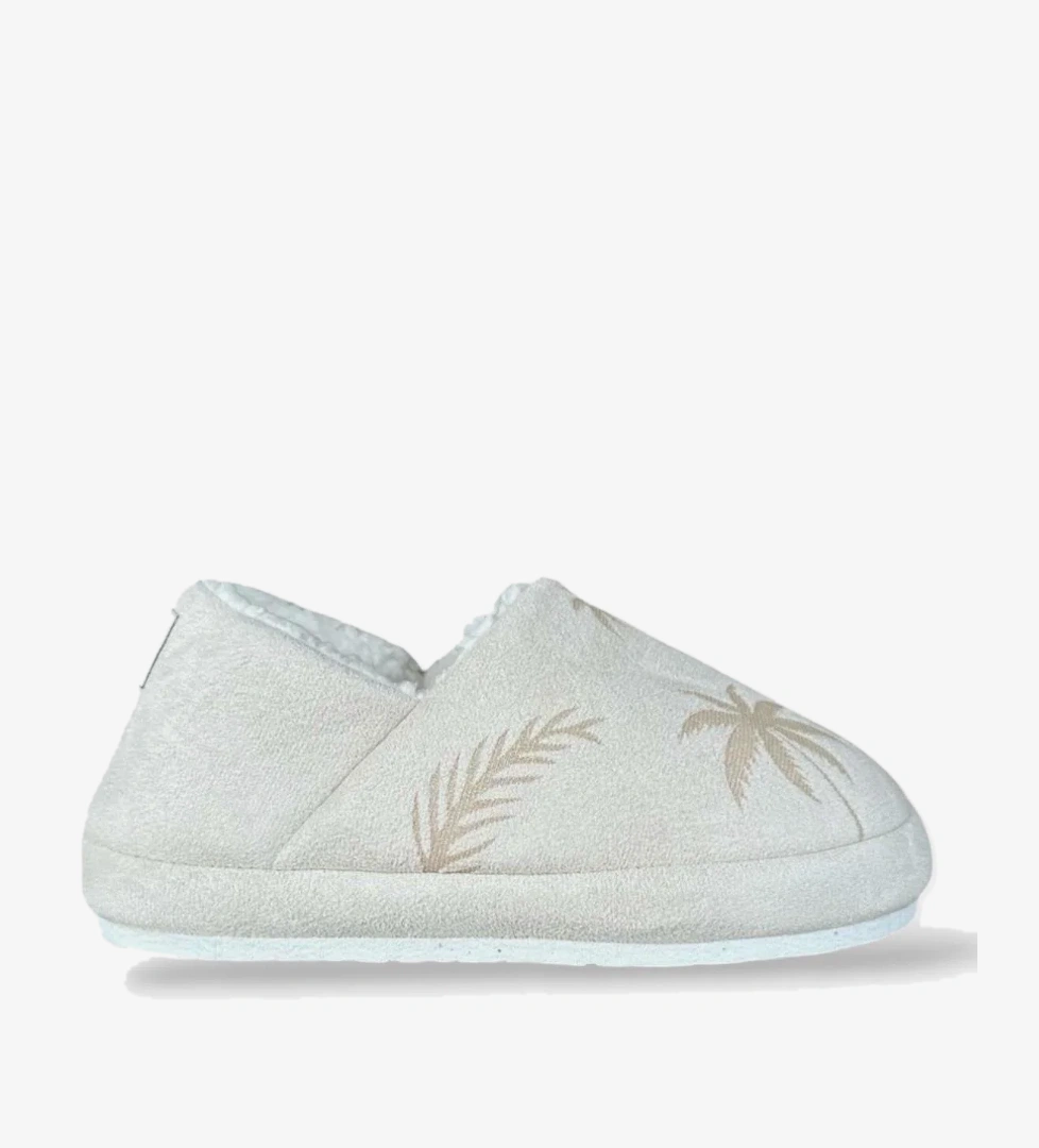 Ultra Hafif Palmiye Desenli Yünlü Ev Ayakkabısı Kadın Panduf BEYAZ