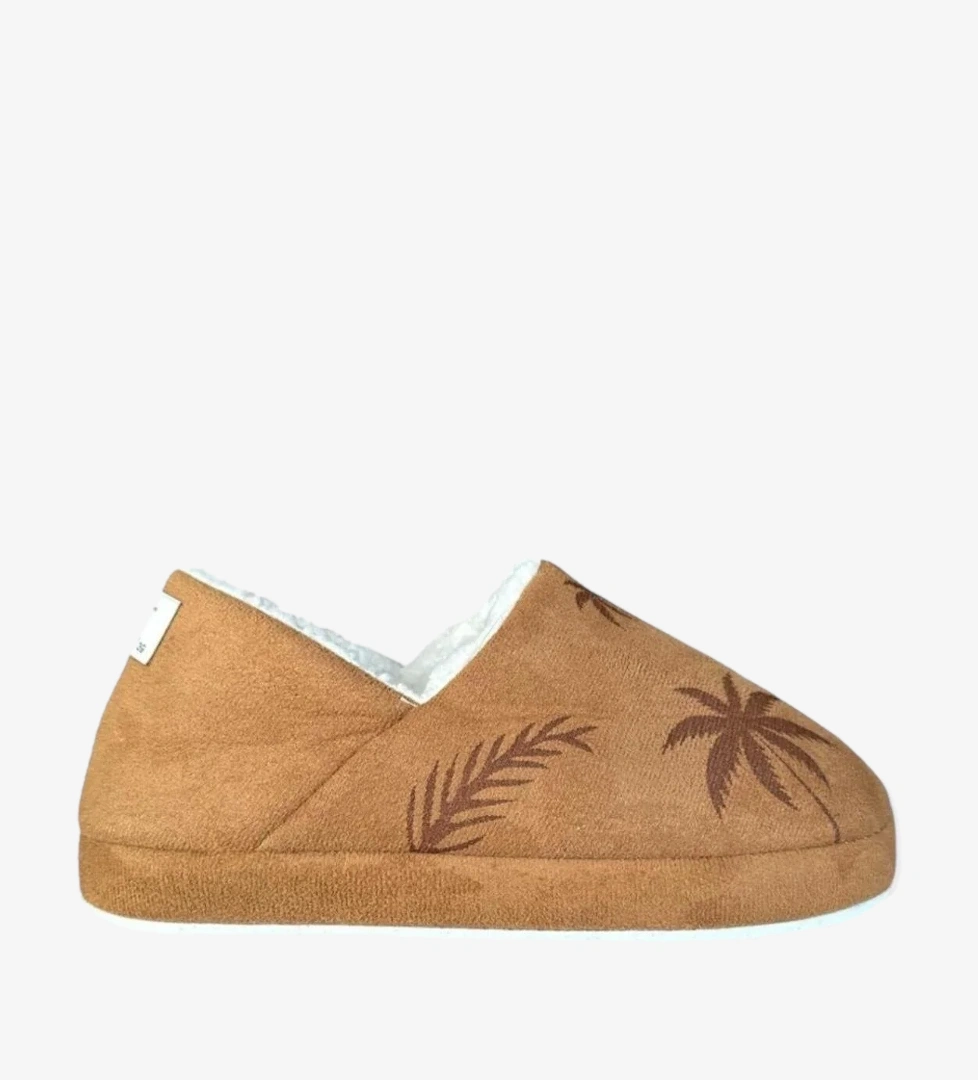 Ultra Hafif Palmiye Desenli Yünlü Ev Ayakkabısı Kadın Panduf TABA