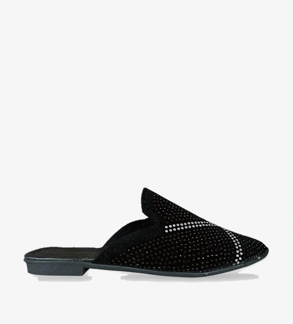 Liger Süet Sivri Burun Taş Tasarımlı Kadın Terlik Si̇yah - Gümüş Plati̇n model görseli