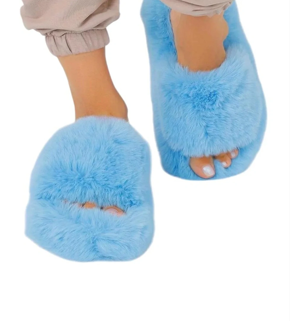 Ekstra Yumuşak Tüylü Kadın Terlik MAVİ