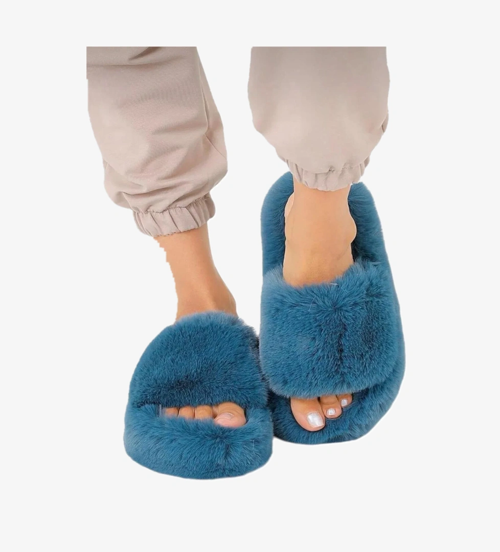 Ekstra Yumuşak Tüylü Kadın Terlik PETROL