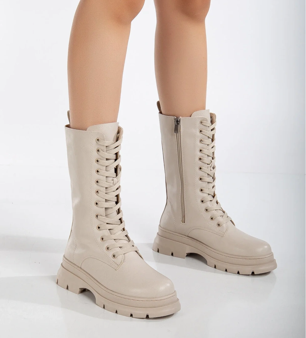 Tonny Black Kadın Bej Kalın Termo Taban Bağcıklı ve Fermuarlı Çizme model görseli