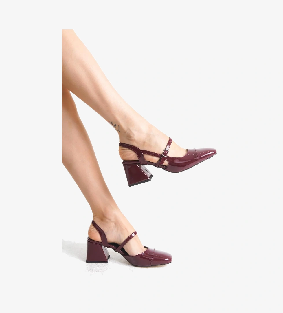 Tenba Bordo Rugan Mary Jane Kalın Topuklu Küt Burun Bantlı Ayakkabı