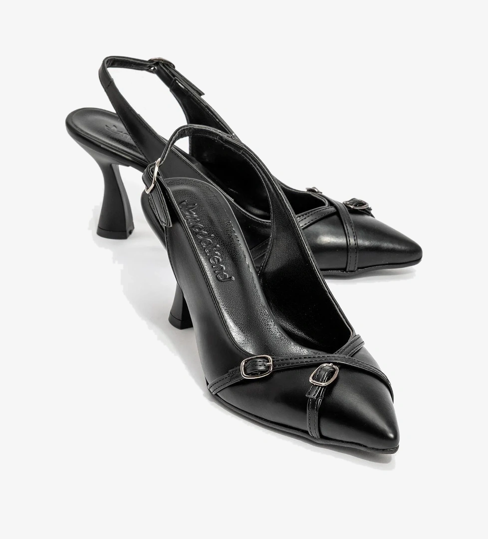 Ccway Kadın Arkası Açık Çapraz Tokalı Topuklu Ayakkabı SİYAH CİLT model görseli