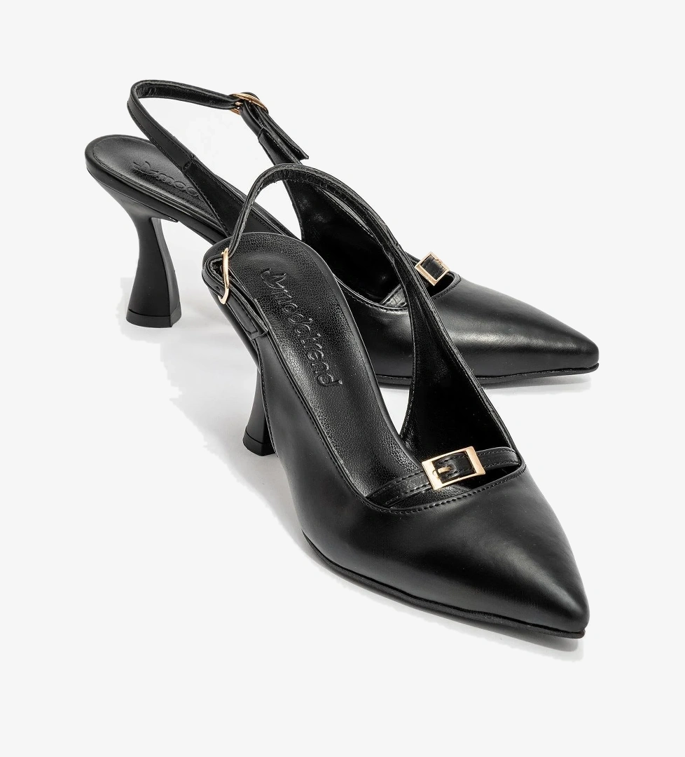 Kadın Arkası Açık Tokalı Topuklu Ayakkabı SİYAH CİLT - Görsel 1