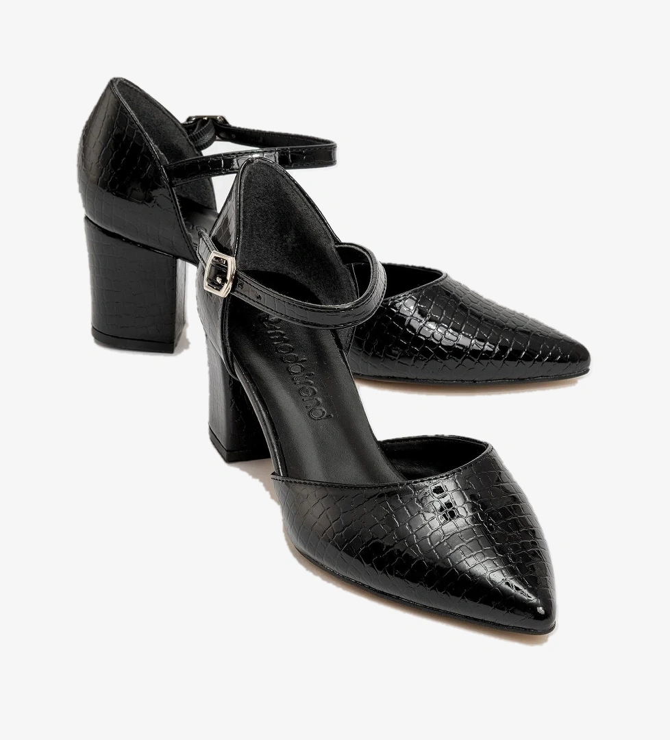 Kadın Biyeli Topuklu Ayakkabı SİYAH KROKO